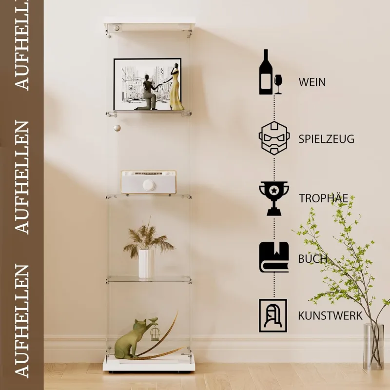 Vitrina de cristal con 4 estantes y 1 puerta, 164x42,5x36,5 cm, pieza de colección, color blanco, transparente