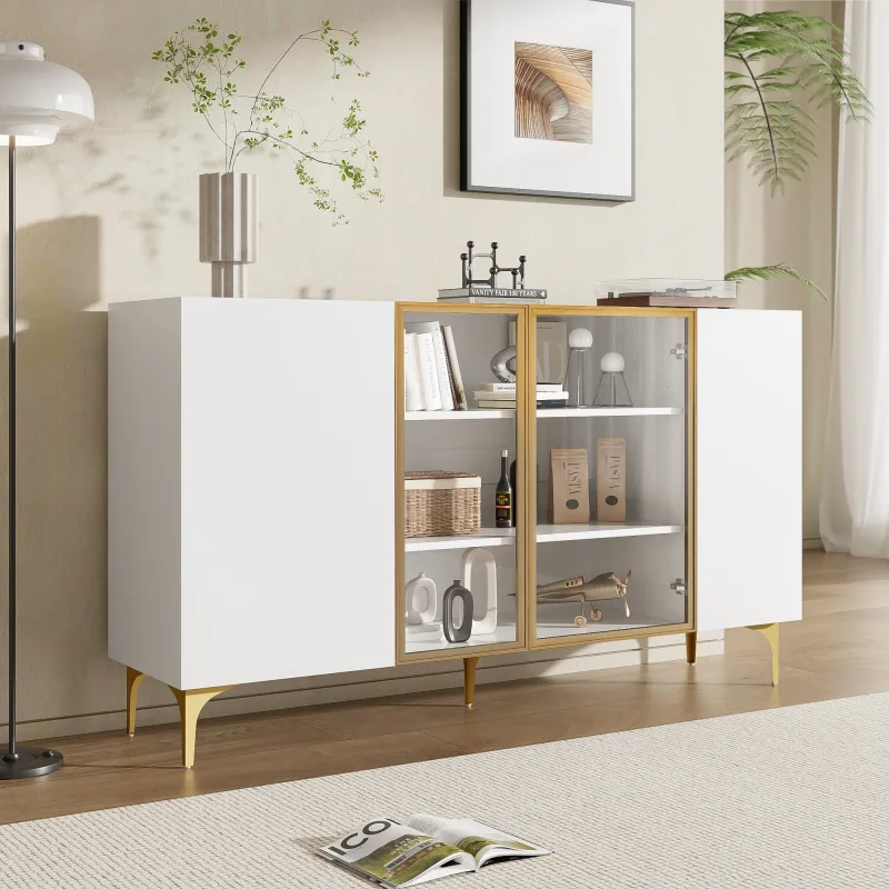 Elegante aparador blanco de 4 puertas: cristal y metal, diseño moderno, sin tiradores, gran espacio de almacenamiento, alta calidad (salón/comedor)