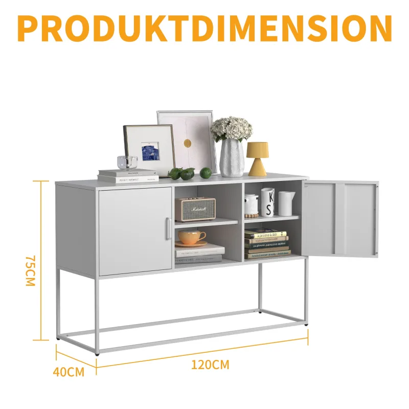 Aparador, aparador y mueble de almacenaje de metal blanco, robusta estructura de metal con elegante blanco, al 75 cm × an 120 cm × pr 40 cm