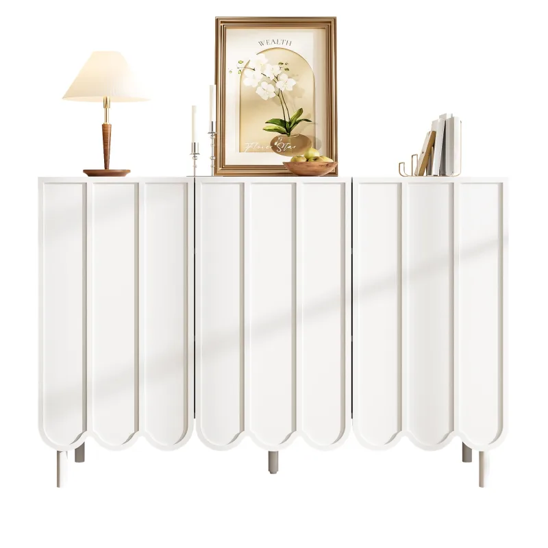 Aparador moderno blanco 120x35x80cm: puertas onduladas, sin tiradores, estantes regulables, espacio de almacenaje (salón/pasillo/comedor)