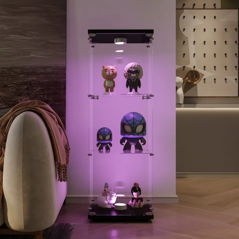 Vitrina de cristal - 3 estantes - con led, luz y cerradura, color negro