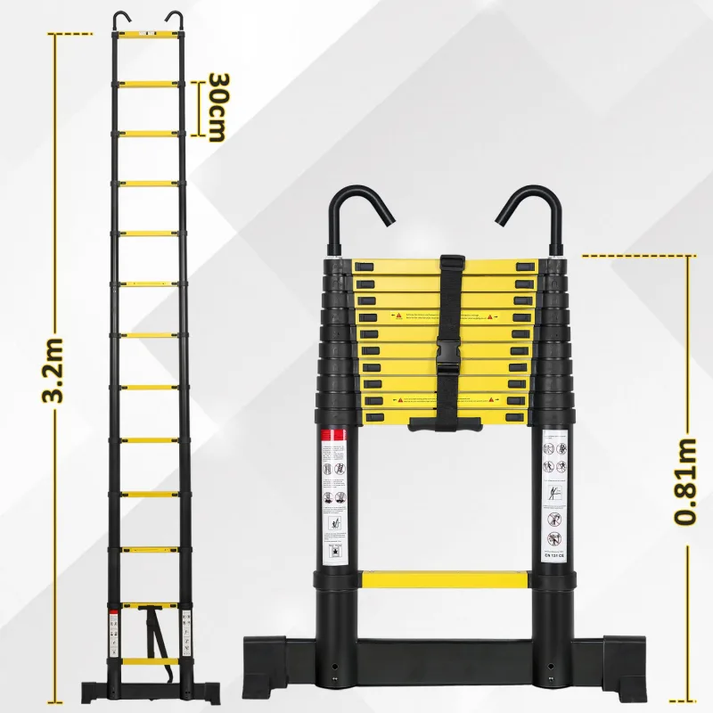 Escalera telescópica premium de 3,2 m negra con estabilizador y ganchos stable