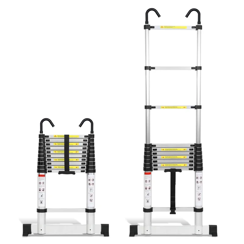 Escalera telescópica premium de 3,2 m plateada con estabilizador y ganchos stable