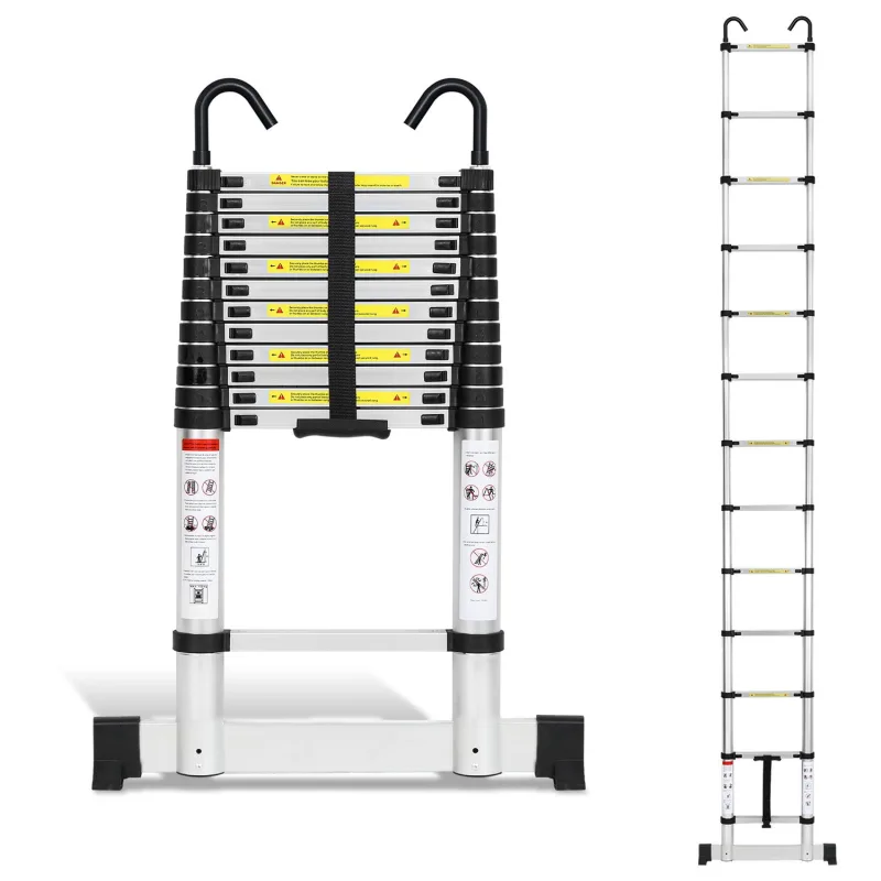 Escalera telescópica premium alu 3,8 m plateada con estabilizador y ganchos antideslizante, multifunción