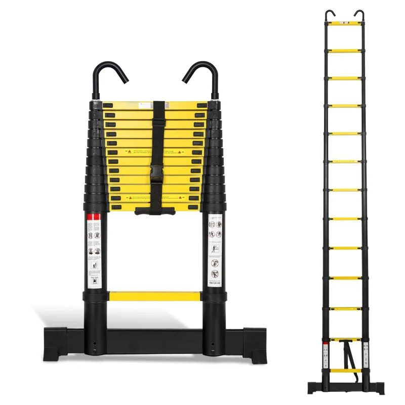 Escalera telescópica premium alu 3,8 m negra con estabilizador y ganchos antideslizante, multifunción