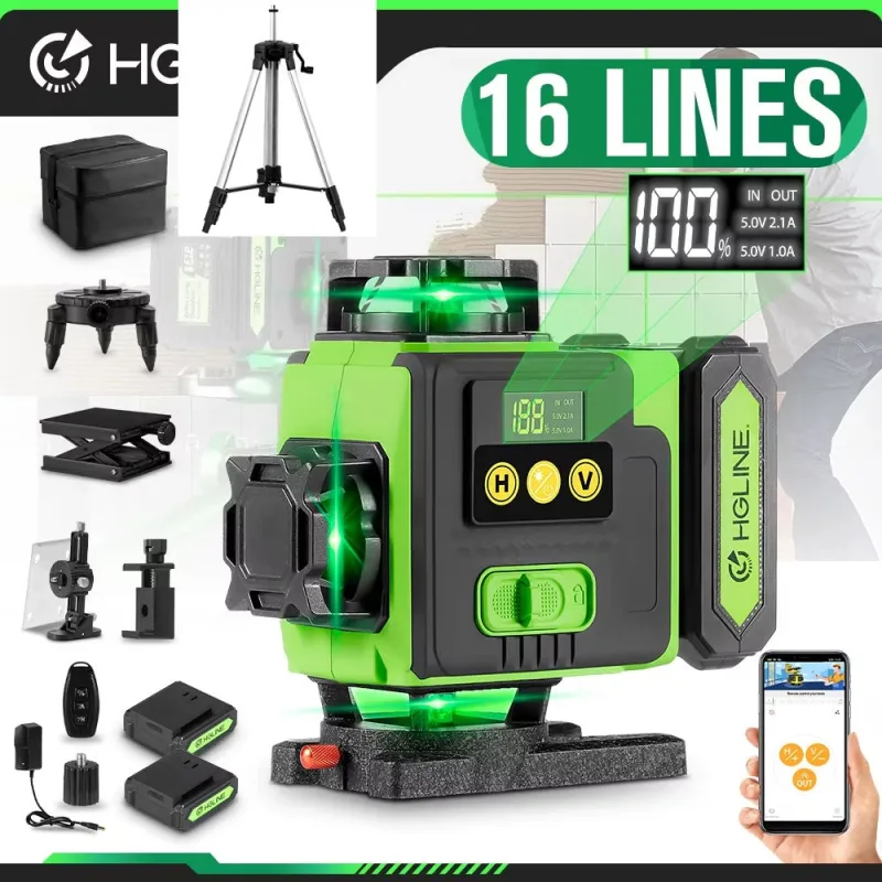 Nivel láser 4d de 16 líneas con trípode, control remoto por aplicación, recargable, autonivelante, nivelación de línea verde de 360°, 6000 mah,