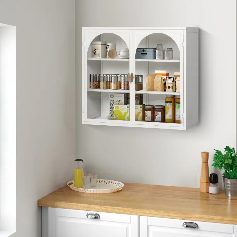 Armario de pared moderno 70 cm con puertas de vidrio, patrón entramado y almacenamiento de tres niveles para recibidor sala baño – blanco