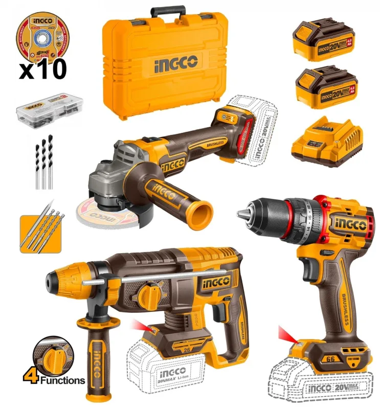 Ingco pack 20v. amoladora 115 1000w +taladro percutor+martillo combinado+2 bateria 4.0 ah+cargador+10 discos+juego brocas