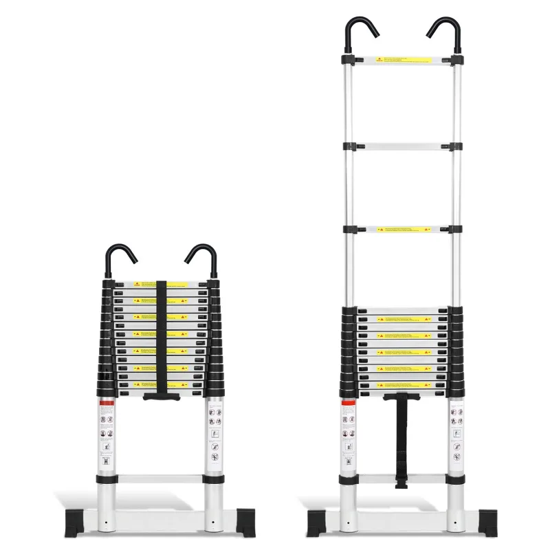 Escalera telescópica plateada de 4,4 m con estabilizador y ganchos, 150 kg