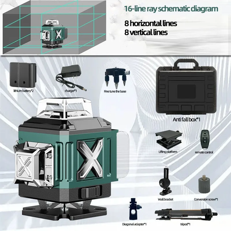 Nivel láser de 16 líneas, nivel infrarrojo para exteriores, proyector de líneas de alta luminosidad y alta precisión.