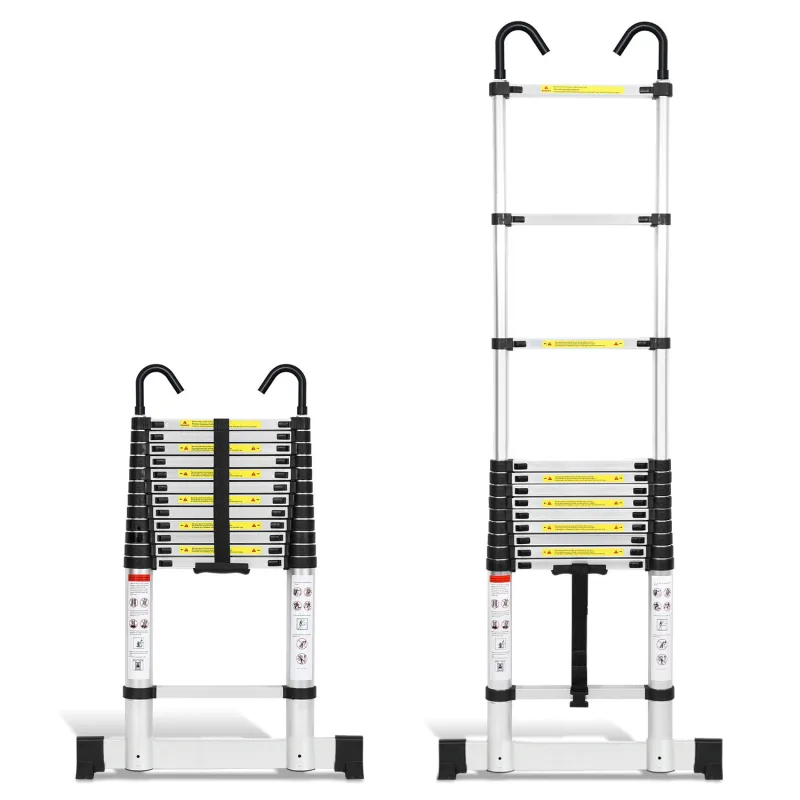 Escalera telescópica premium de 3,8 m plateada con estabilizador y ganchos stable