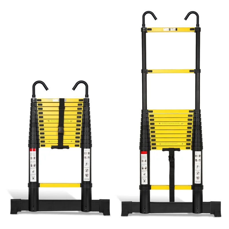 Escalera telescópica premium de 3,8 m, negra, con estabilizador y ganchos stable.