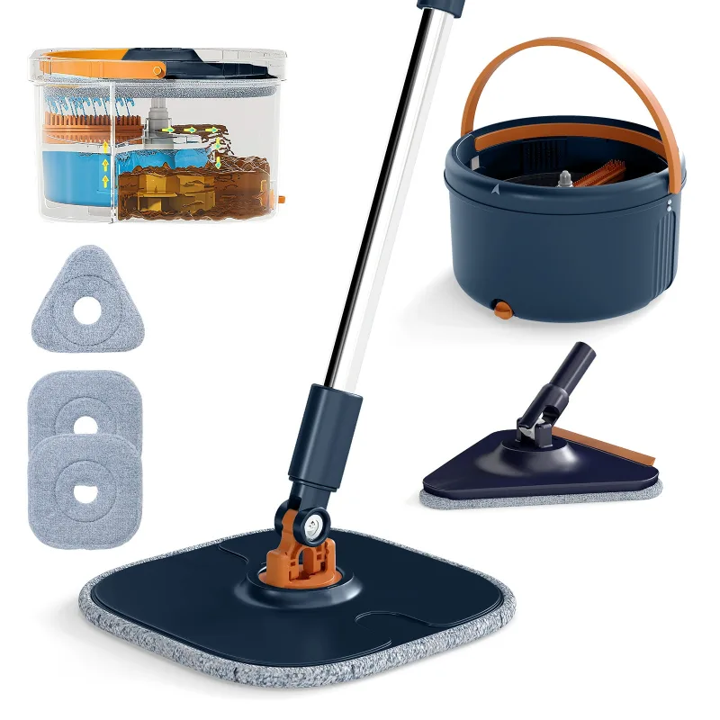 Set de mopa y cubo con escurridor, fregona y cubo para suelo plano con 2 cabezales de mopa y 9 paños de microfibra, azul marino