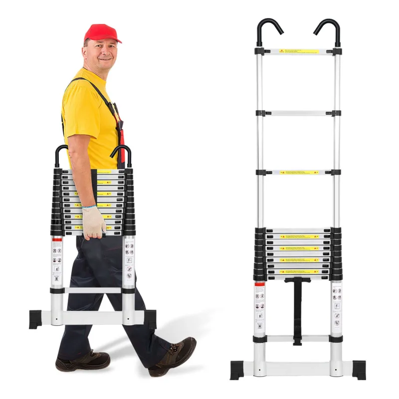 Escalera telescópica premium de 3,8 m plateada con estabilizador y ganchos stable