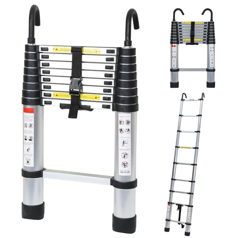 Escalera telescópica con gancho extensible, soporta hasta 150 kg, escalera de aluminio plateada estable, 2,6 m