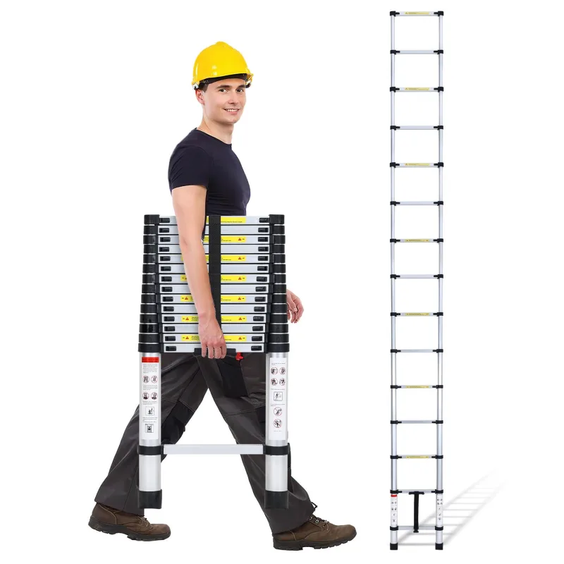 Escalera telescópica multifuncional portátil de 4,4 m, plegable de aluminio, con bolsa de transporte y guantes, carga máxima 150 kg