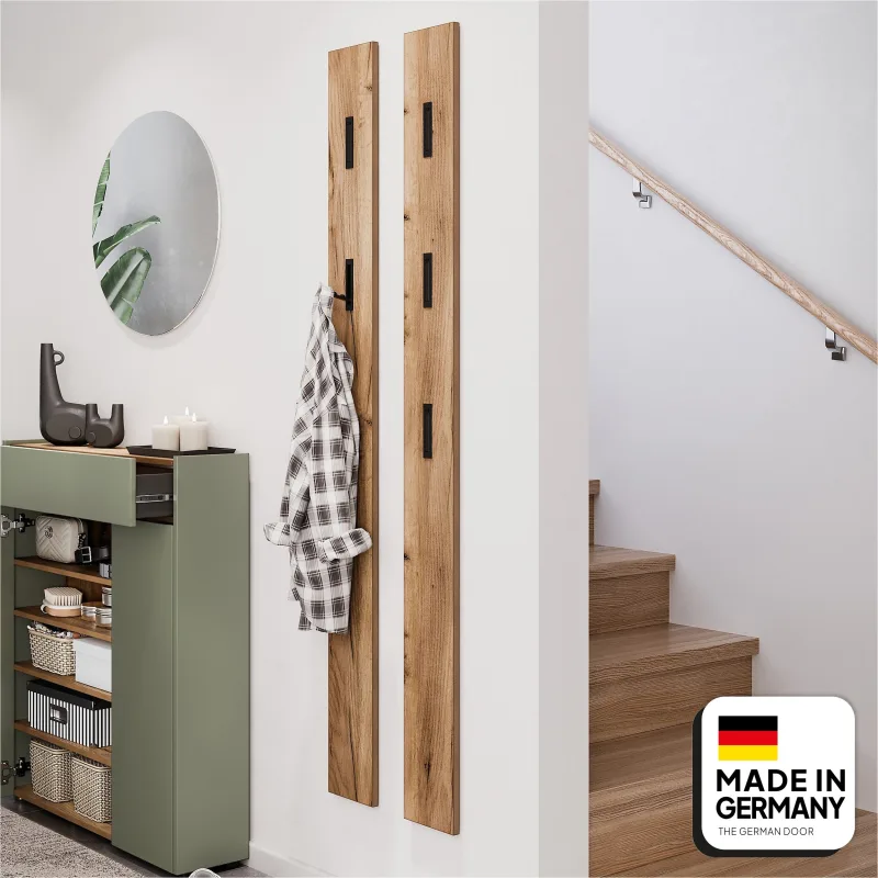 Perchero pared erding | 3 ganchos abatibles metálicos | acabado roble | carga hasta 15 kg | calidad y diseño aleman | tgd home