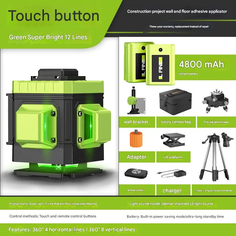 Nivel láser autonivelante lfine de 360°, láser verde recargable, nivel láser de líneas cruzadas 4d, herramienta láser (12 líneas, paquete c-2)