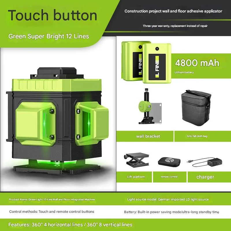 Nivel láser autonivelante lfine de 360°, láser verde recargable, nivel láser de líneas cruzadas 4d, herramienta láser (12 líneas, paquete a)