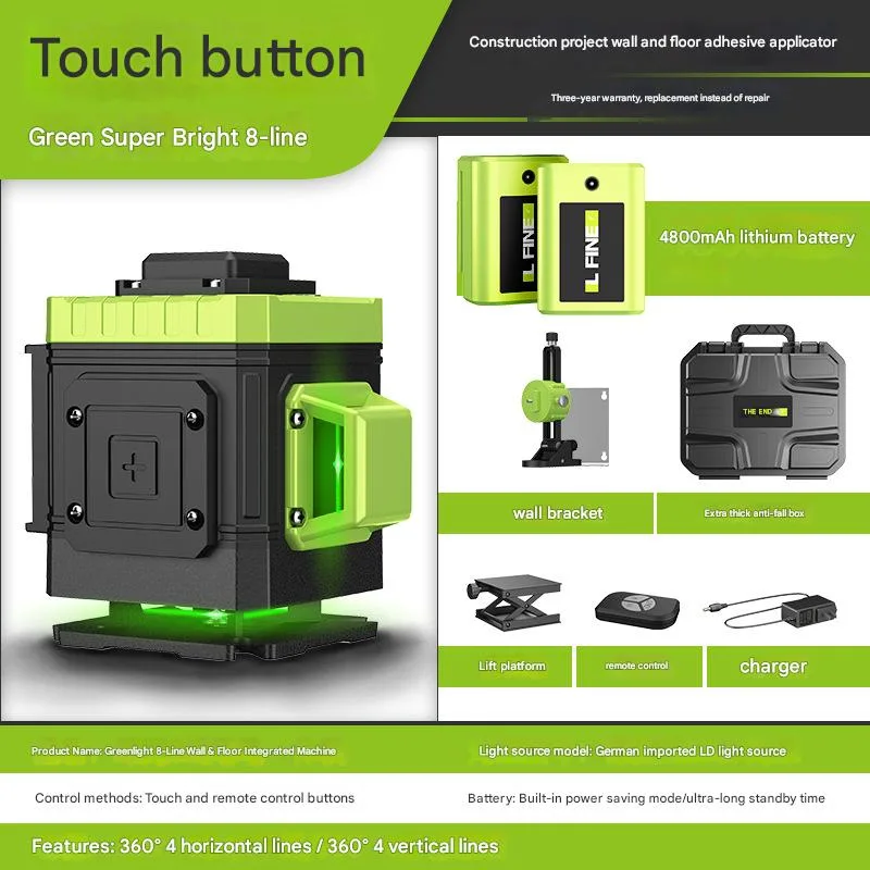 Nivel láser autonivelante lfine de 360°, láser verde recargable, nivel láser de líneas cruzadas 4d, herramienta láser (8 líneas, paquete b-1)