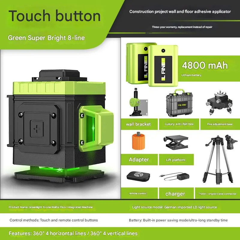 Nivel láser autonivelante lfine de 360°, láser verde recargable, nivel láser de líneas cruzadas 4d, herramienta láser (8 líneas, paquete d-2)