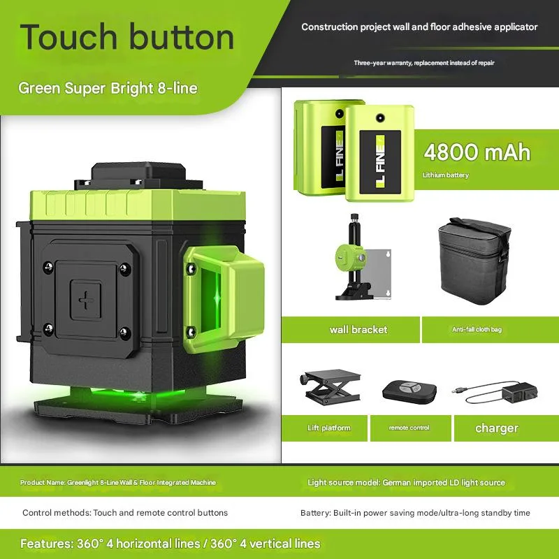 Nivel láser autonivelante lfine de 360°, láser verde recargable, nivel láser de líneas cruzadas 4d, herramienta láser (8 líneas, paquete a)