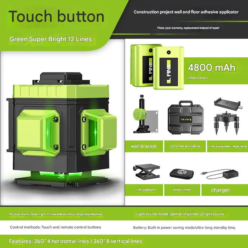 Nivel láser autonivelante lfine de 360°, láser verde recargable, nivel láser de líneas cruzadas 4d, herramienta láser (12 líneas, paquete b-2)