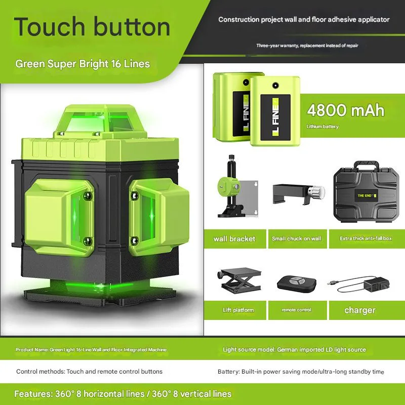Nivel láser autonivelante lfine de 360°, láser verde recargable, nivel láser de líneas cruzadas 4d, herramienta láser (16 líneas, paquete b-1)