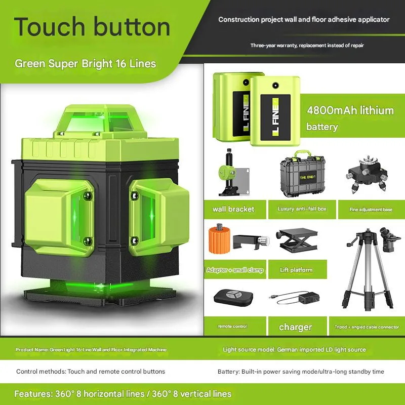 Nivel láser autonivelante lfine de 360°, láser verde recargable, nivel láser de líneas cruzadas 4d, herramienta láser (16 líneas, paquete d-2)