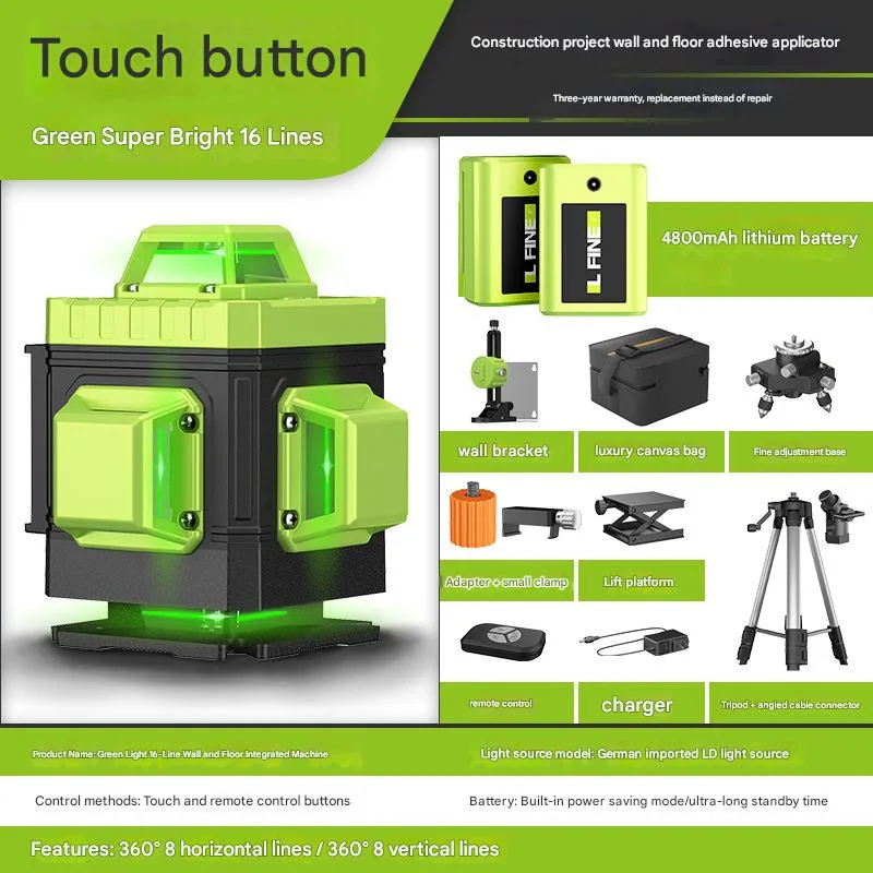 Nivel láser autonivelante lfine de 360°, láser verde recargable, nivel láser de líneas cruzadas 4d, herramienta láser (16 líneas, paquete c-2)