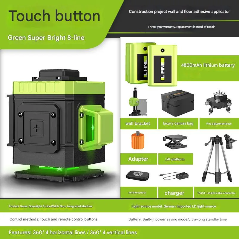 Nivel láser autonivelante lfine de 360°, láser verde recargable, nivel láser de líneas cruzadas 4d, herramienta láser (8 líneas, paquete c-2)