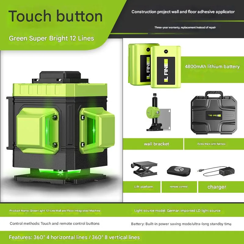 Nivel láser autonivelante lfine de 360°, láser verde recargable, nivel láser de líneas cruzadas 4d, herramienta láser (12 líneas, paquete b-1)