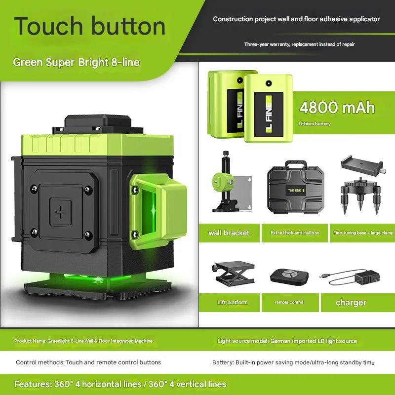 Nivel láser autonivelante lfine de 360°, láser verde recargable, nivel láser de líneas cruzadas 4d, herramienta láser (8 líneas, paquete b-2)