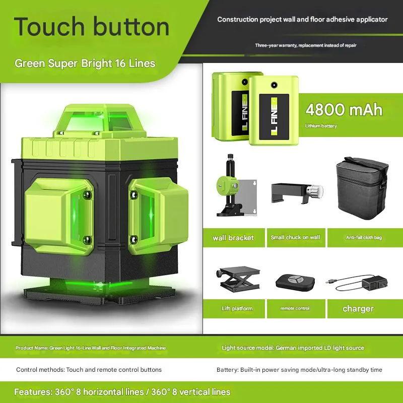Nivel láser autonivelante lfine de 360°, láser verde recargable, nivel láser de líneas cruzadas 4d, herramienta láser (16 líneas, paquete a)