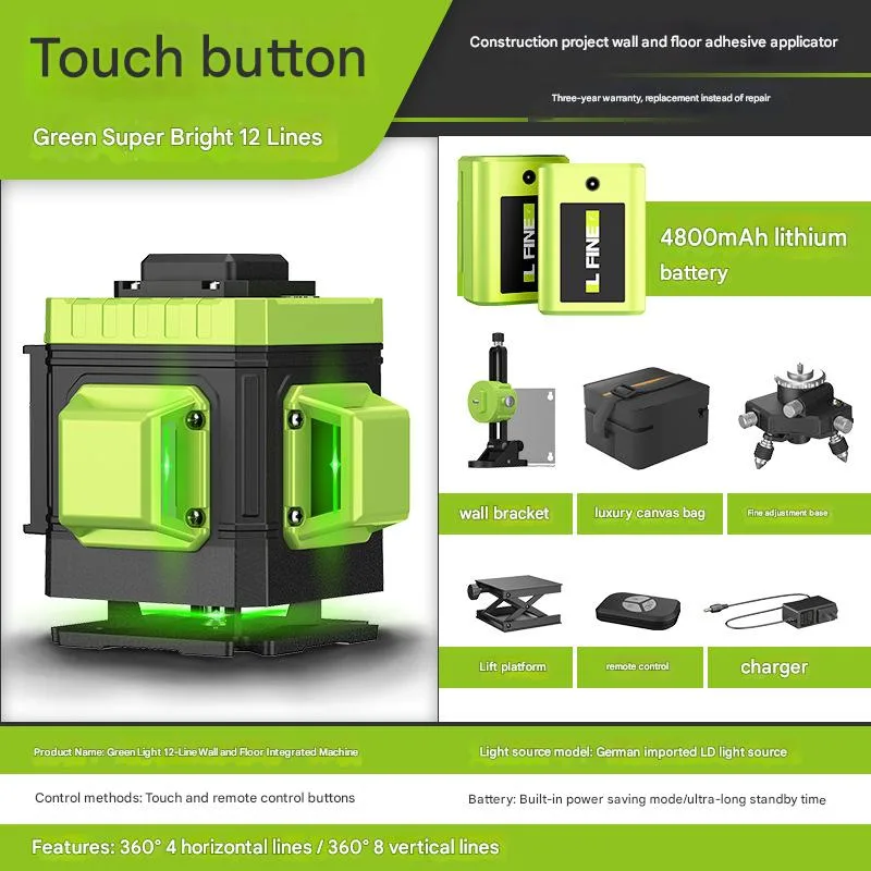 Nivel láser autonivelante lfine de 360°, láser verde recargable, nivel láser de líneas cruzadas 4d, herramienta láser (12 líneas, paquete c-1)