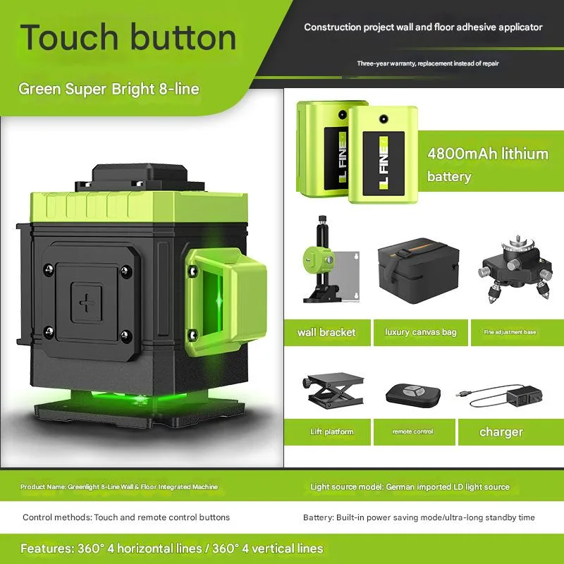 Nivel láser autonivelante lfine de 360°, láser verde recargable, nivel láser de líneas cruzadas 4d, herramienta láser (8 líneas, paquete c-1)