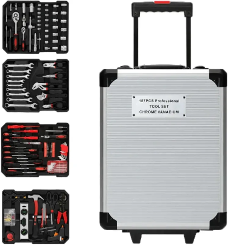 𝗠𝗮𝗹𝗹𝗲𝘁𝘁𝗲 𝗮 𝗢𝘂𝘁𝗶𝗹𝘀 𝟭𝟴𝟳 𝗣𝗖𝘀 𝗖𝗵𝗿𝗼𝗺𝗲 𝗩𝗮𝗻𝗮𝗱𝗶𝘂𝗺.caja de herramientas completa con ruedas de aluminio impermeables.