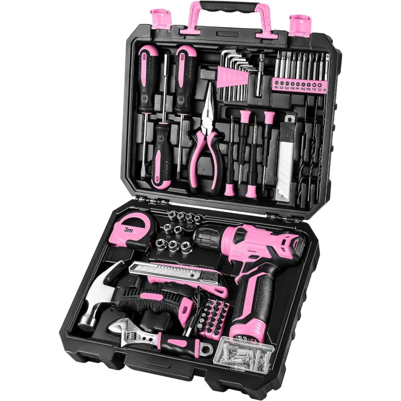 Maletín de herramientas completo de color rosa de 126 piezas, con taladro/atornillador inalámbrico de 8 v: ideal para reparaciones