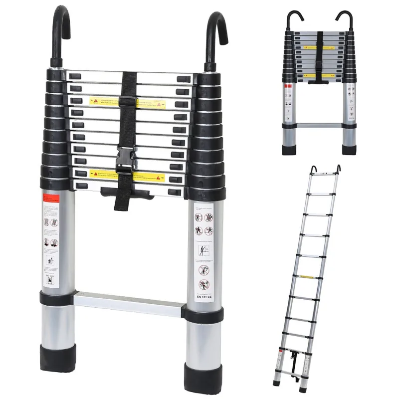Escalera telescópica de aluminio con gancho, color plata, 3,2 m