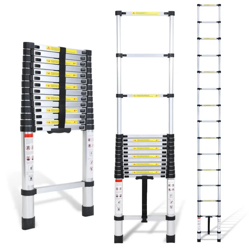 Escalera telescópica de aluminio color plata de 4,4m, extensible, antideslizante, inclinada.
