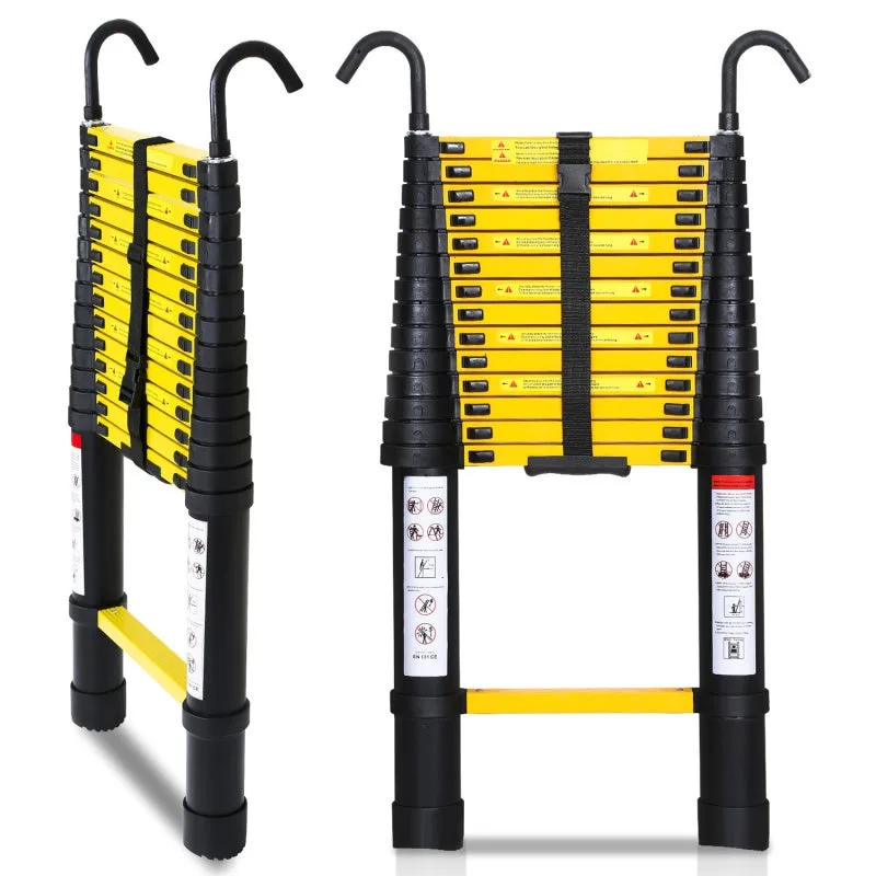 Escalera telescópica negra de 3,2 m con gancho de aluminio, carga máxima de 150 kg