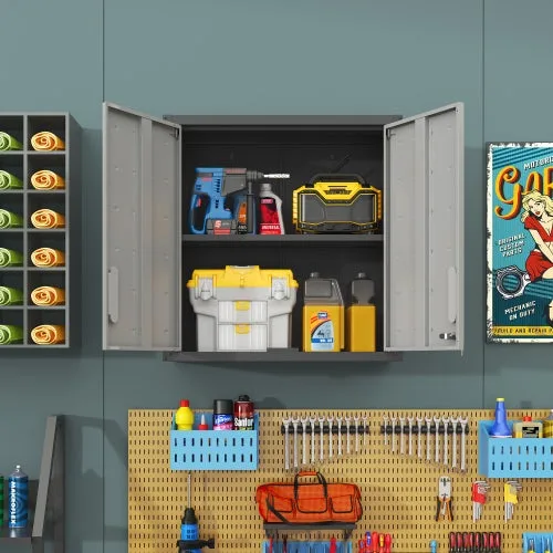 Armario metálico de pared h77×b75×t30 cm, puertas con cierre, estante ajustable, sin madera ni formaldehído, apto para familia y mascotas