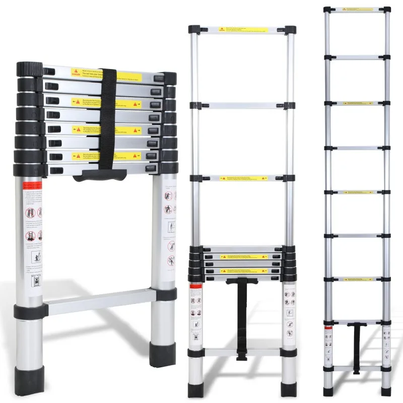 Escalera telescópica de 3,2 m, extensible, aluminio plateado, antideslizante, inclinada, extensible