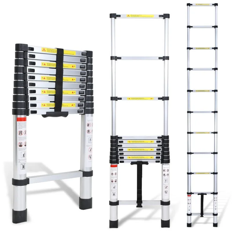 Escalera telescópica extensible inclinada antideslizante de 3,8m en aluminio color plata.
