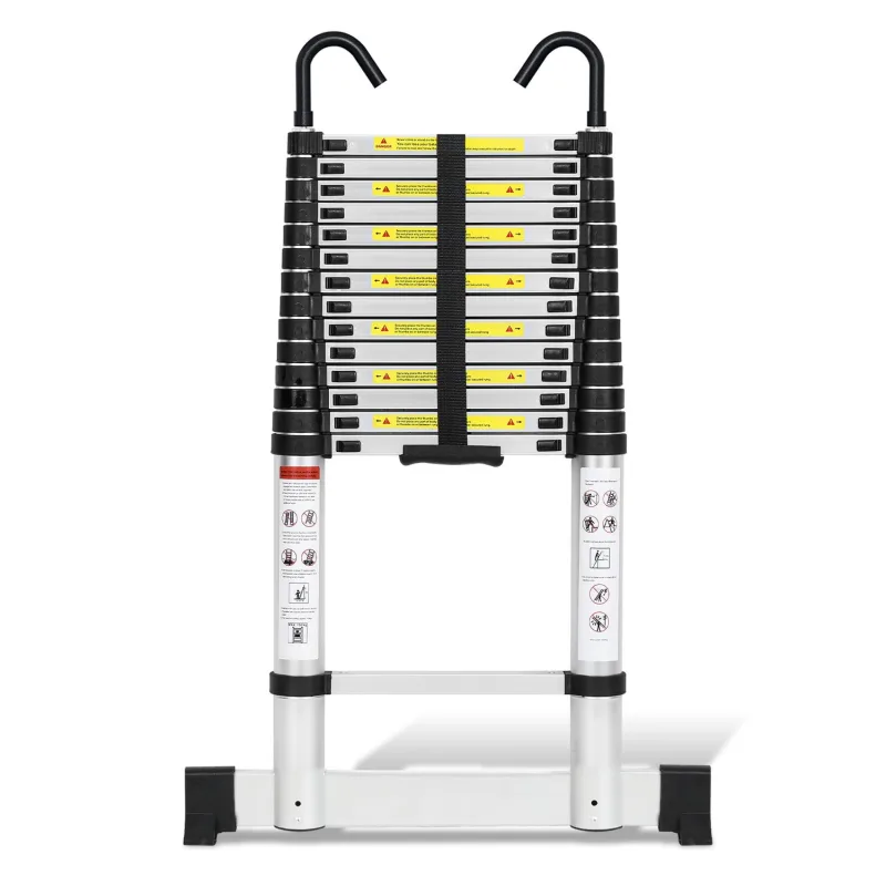 Escalera telescópica plateada premium de 4,4 m con estabilizador y ganchos