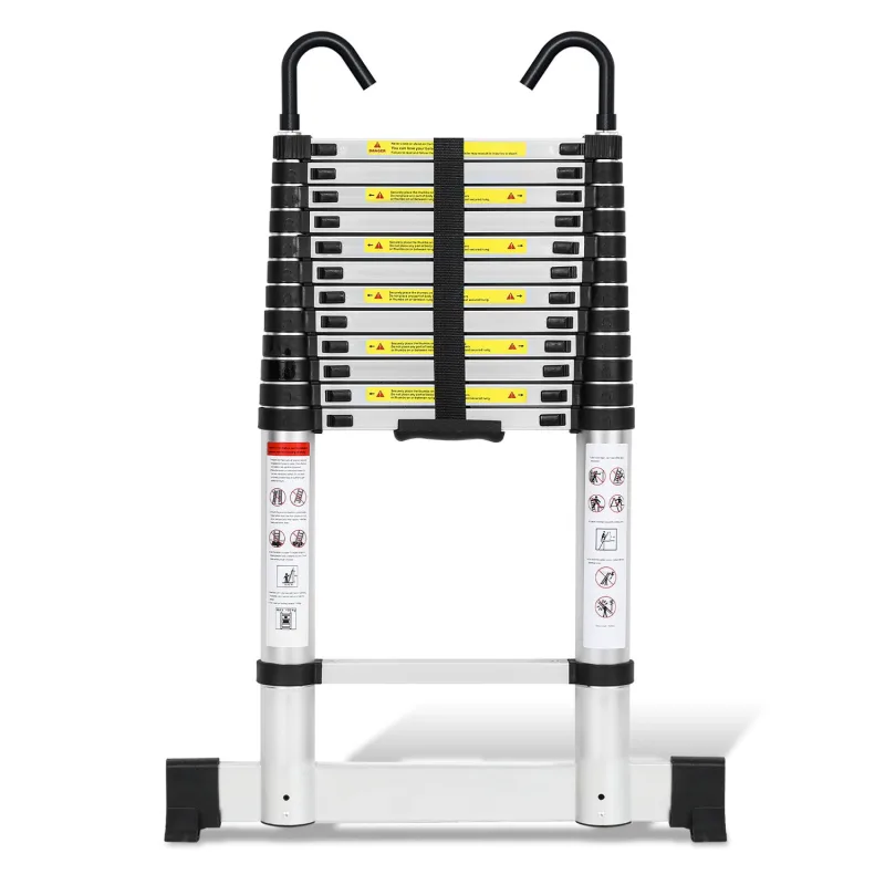 Escalera telescópica plateada premium de 3,8 m con estabilizador y ganchos