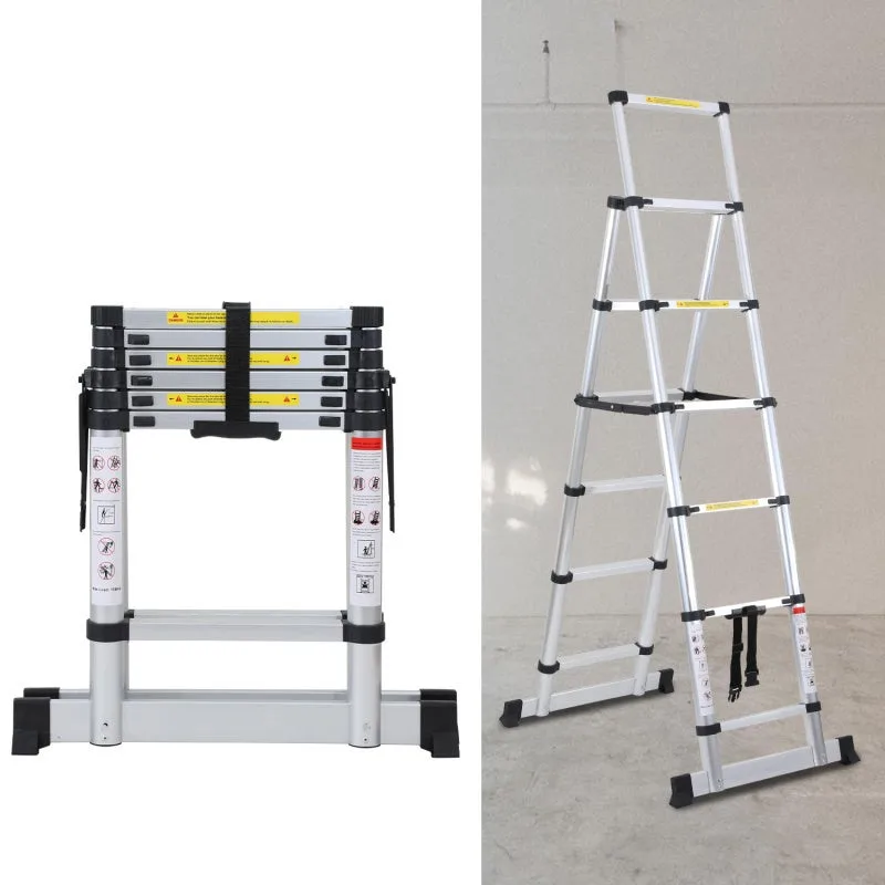 Escalera telescópica articulada de 1,7 m + 2,0 m, 6 x 7 peldaños, plegable y multifuncional.