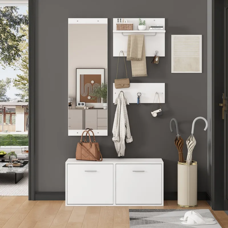 Conjunto de perchero de entrada con 1 espejo, 6 ganchos, 2 puertas y banco zapatero, en paneles de partículas, blanco
