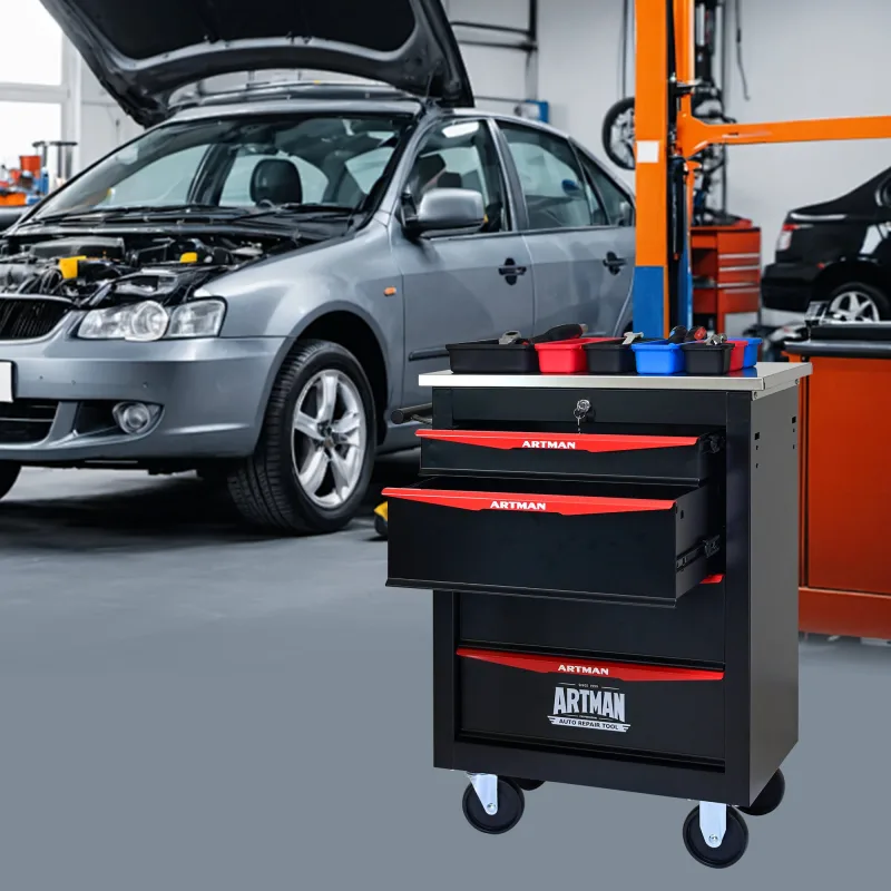 Carro de herramientas 4 cajones negro/rojo, encimera inox, para taller