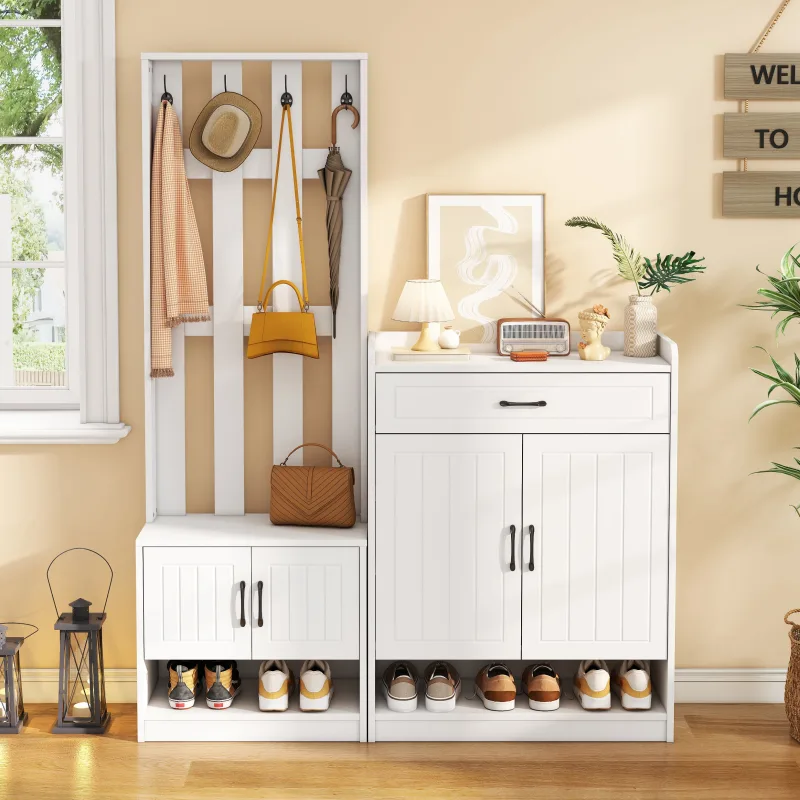 Conjunto de armario de entrada 140,6x32x180 cm con 1 cajón, 4 puertas, ganchos, almacenamiento, en panel de partículas, blanco